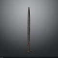 Ancient Bronze Sword Sculpture with Intricate Carvings on Rustic Blade Standing on Display Base