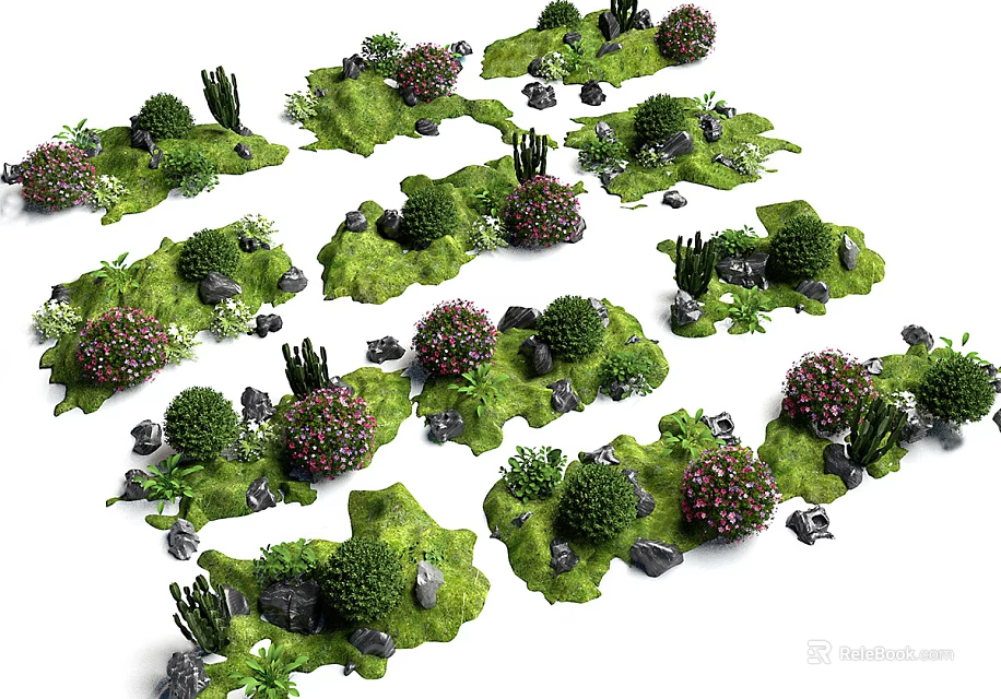 Detailed Microlandscape Design With Green Grass Bushes Flowers And Stones 3d model 