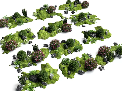 Detailed Microlandscape Design With Green Grass Bushes Flowers And Stones 3d model