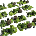 Detailed Microlandscape Design With Green Grass Bushes Flowers And Stones