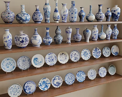 Blue and White Ceramic Wares Displayed on Wooden Shelves with Vases and Plates 3d model
