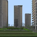 Modern High-Rise Residential Buildings In Community With Landscaped Greenery And Courtyard