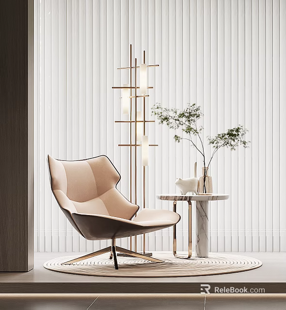 Modern Beige Leisure Chair with Metal Frame Marble Side Table and Green Plant 3d model 