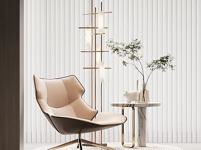 Modern Beige Leisure Chair with Metal Frame Marble Side Table and Green Plant 3d model