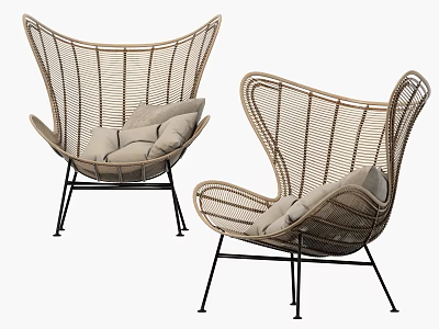Stylish Rattan Accent Chairs With Butterfly Wing Design And Beige Cushions 3d model