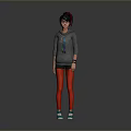 Woman With Black And Red Hair Wearing Gray Hoodie Red Leggings And Blue Sneakers
