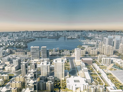 Aerial View of Modern Urban Skyline with High Rise Buildings and River 3d model