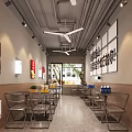 Cozy Restaurant Interior With Tables Chairs Menu Boards Ceiling Fans Drinks And Meal Boxes