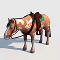 Brown And White Spotted Horse With Saddle Bridle And Riding Gear
