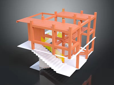 White Staircase in Architectural Model with Orange Frame and Modern Structure 3d model