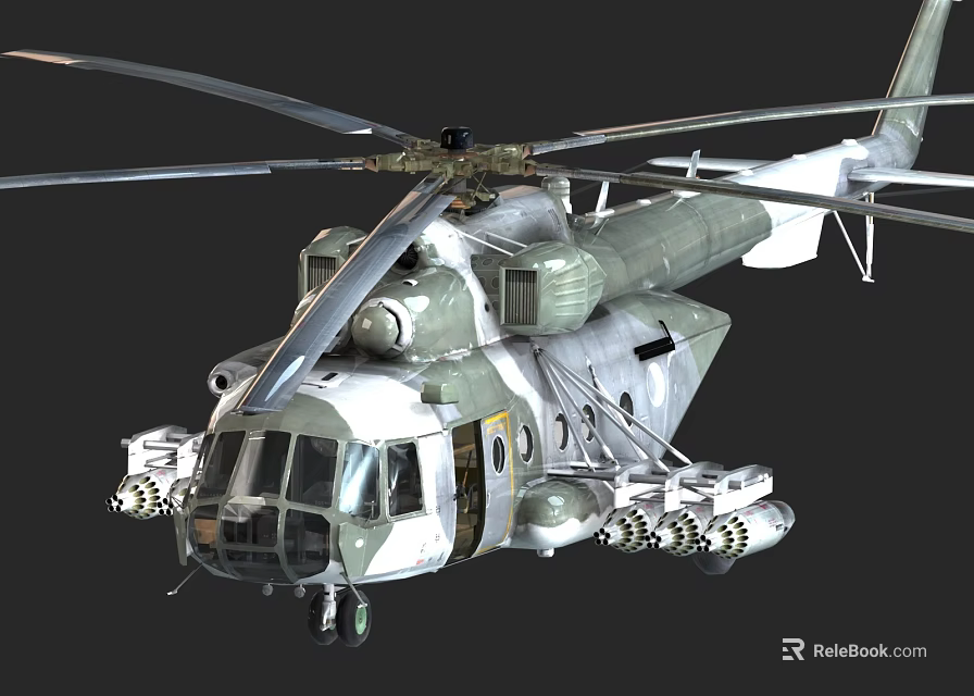 Large Transport Helicopter With Multiple Rotors Green White Fuselage Windows And Landing Gear 3d model 
