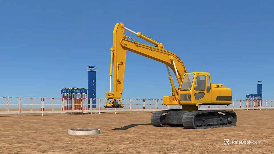 Yellow Crawler Excavator Functional Vehicle At Construction Site With Blue Tower Fence And Circular Object 3d model 