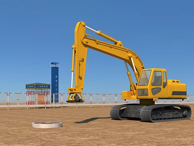 Yellow Crawler Excavator Functional Vehicle At Construction Site With Blue Tower Fence And Circular Object 3d model