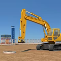 Yellow Crawler Excavator Functional Vehicle At Construction Site With Blue Tower Fence And Circular Object