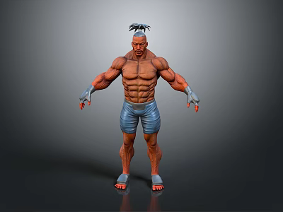 Muscular Game Movie Character Standing Pose With Short Hair Blue Shorts Gloves And Barefoot 3d model