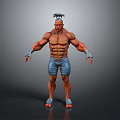 Muscular Game Movie Character Standing Pose With Short Hair Blue Shorts Gloves And Barefoot