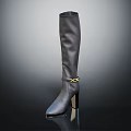Black Leather Knee High Boots With High Heel And Golden Buckle