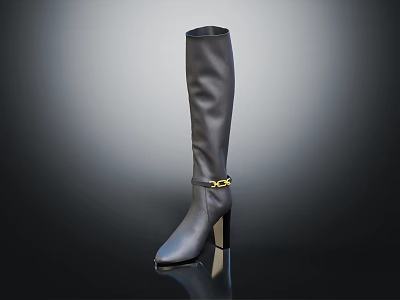 Black Leather Knee High Boots With High Heel And Golden Buckle 3d model
