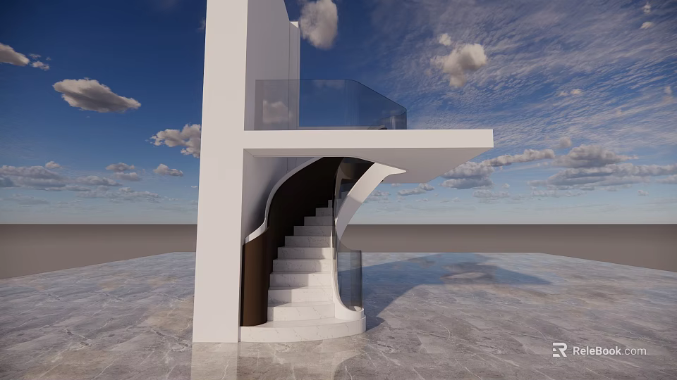 Elegant Spiral Staircase With White Structure Glass Railing And Marble Floor Under Blue Sky 3d model 