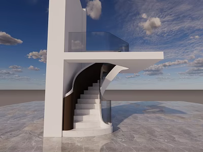 Elegant Spiral Staircase With White Structure Glass Railing And Marble Floor Under Blue Sky 3d model