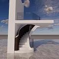Elegant Spiral Staircase With White Structure Glass Railing And Marble Floor Under Blue Sky