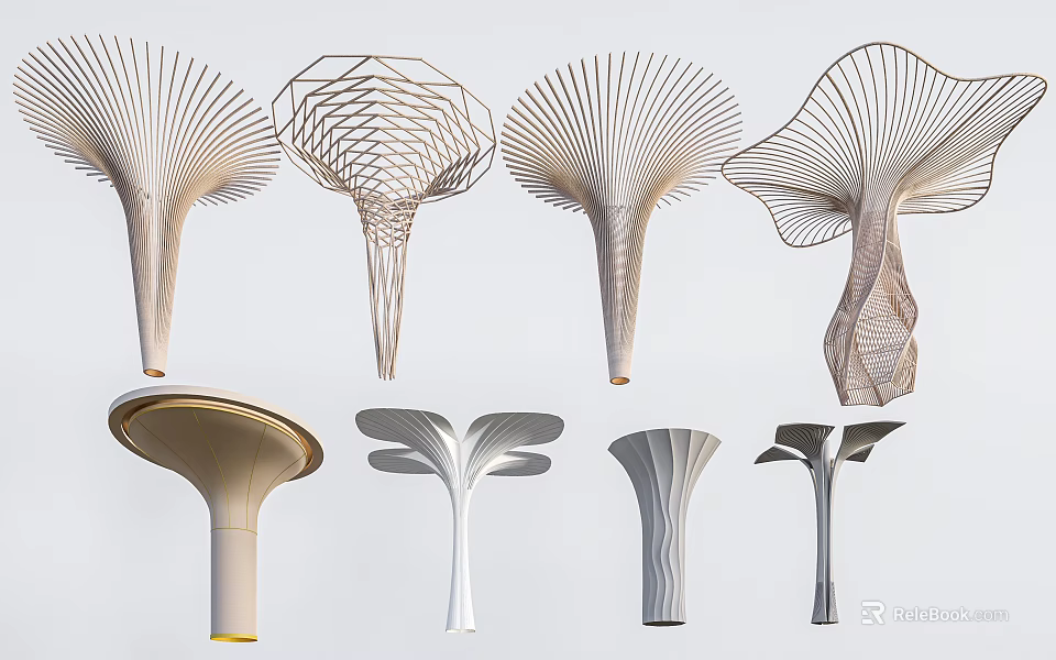 Modern Decorative Columns Featuring Unique Fan Shaped Tree Like And Lattice Design Structures 3d model 