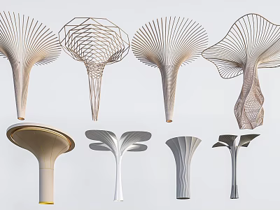 Modern Decorative Columns Featuring Unique Fan Shaped Tree Like And Lattice Design Structures 3d model