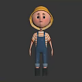 3D Animated Boy Character Wearing Yellow Hard Hat Striped Shirt Blue Overalls And Black Boots