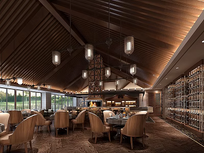 Hotel Lobby With Wooden Ceiling Pendant Lights Dining Tables Chairs Large Windows And Wine Racks 3d model