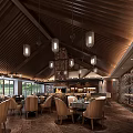 Hotel Lobby With Wooden Ceiling Pendant Lights Dining Tables Chairs Large Windows And Wine Racks