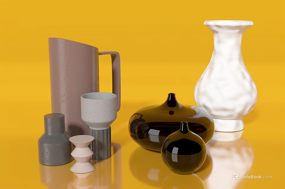 Modern Ceramic Decorative Ornament Set with Gray White Brown Black Vases and Yellow Background 3d model 