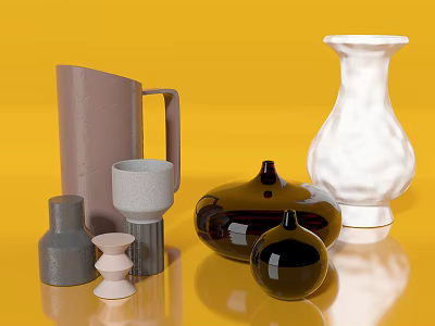 Modern Ceramic Decorative Ornament Set with Gray White Brown Black Vases and Yellow Background 3d model