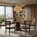 Modern Round Dining Table and Chairs Set with Wooden Walls Large Windows and Pendant Lamp
