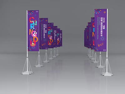 National Flags on Purple Background Banner with Colorful Text and Patterns Arranged in Two Rows 3d model