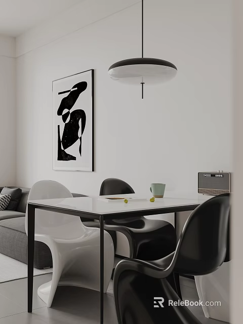 Modern Restaurant Interior With Dining Table Chairs Artwork Sofa And Pendant Light 3d model 