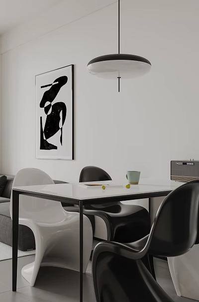Modern Restaurant Interior With Dining Table Chairs Artwork Sofa And Pendant Light 3d model