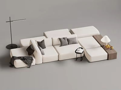 Modern White Sectional Sofa with Gray Black Cushions Floor Lamp Side Table and Wooden Cabinet 3d model