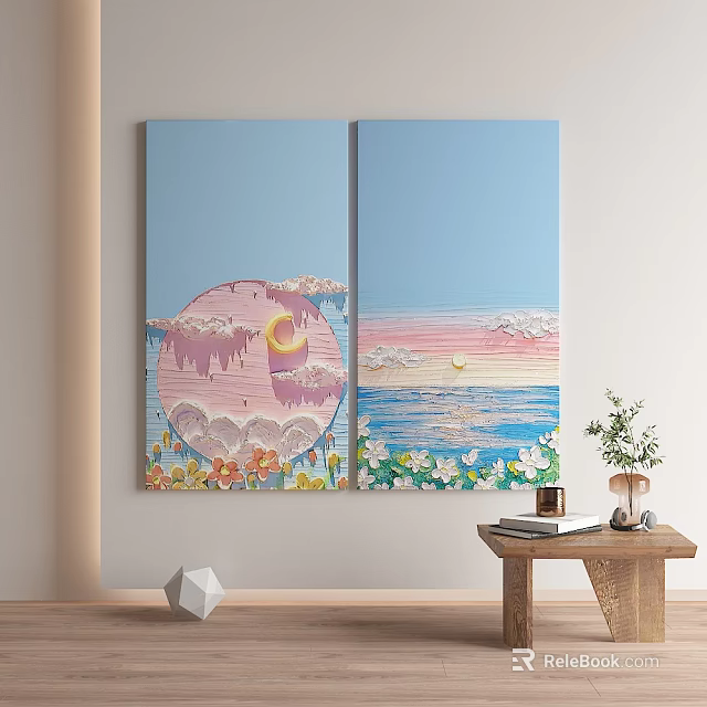 Abstract Painting Two Panel Light Blue Background With Moon Sun Clouds Waves And Flowers 3d model