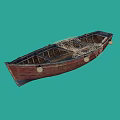 Traditional Wooden Boat Floating in Clear Turquoise Water with Fishing Net and Aquatic Plants