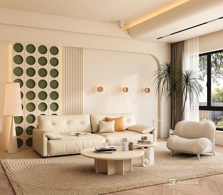 Elegant Modern Living Room Interior With Beige Sofa Round Coffee Table And Green Circular Decor 3d model 