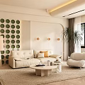 Elegant Modern Living Room Interior With Beige Sofa Round Coffee Table And Green Circular Decor