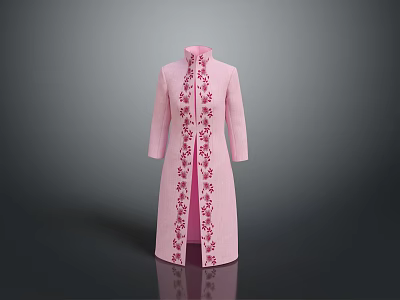 Elegant Pink Long Coat With Stand Collar And Red Embroidered Patterns 3d model
