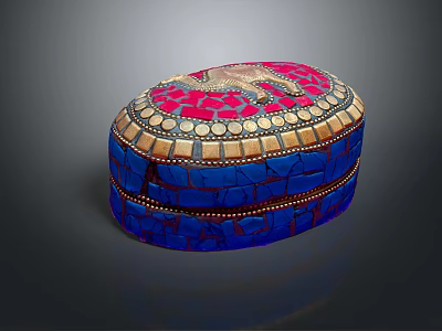 Modern Display Shelf Featuring Blue Red Decorative Box with Gold Accent Inlays 3d model