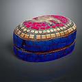 Modern Display Shelf Featuring Blue Red Decorative Box with Gold Accent Inlays