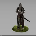 Silver Medieval Knight Armor Statue With Red Cape Standing On Green Grass 3d model