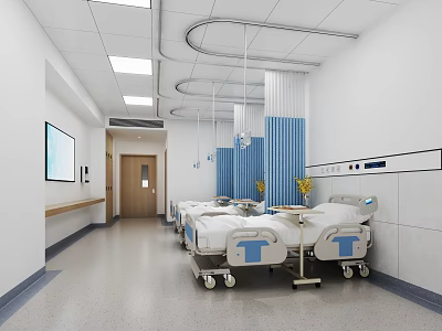 Modern Hospital Ward Interior With Multiple Beds Blue Curtains White Walls And Medical Equipment 3d model