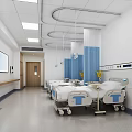 Modern Hospital Ward Interior With Multiple Beds Blue Curtains White Walls And Medical Equipment