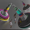 Interactive Area With Giant Colorful Spinning Tops And Children Playing In Vibrant Scene