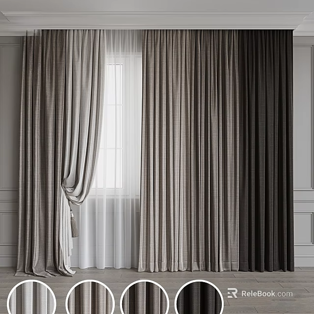 Elegant Curtains In Neutral Tones With Sheer Panels For Modern Interior 3d model 