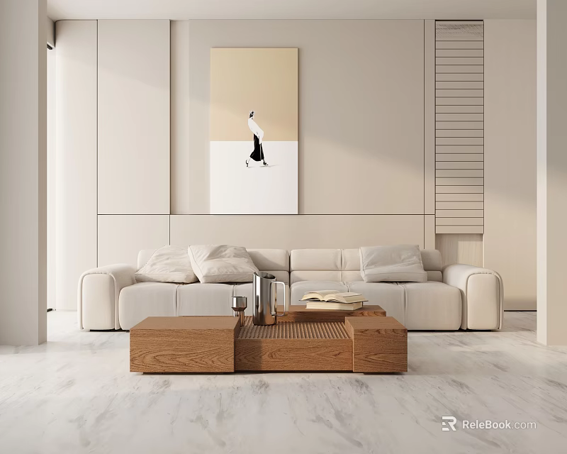 Beige Three Seater Sofa in Modern Living Room with Wooden Coffee Table and Wall Art 3d model 